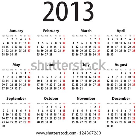 Calendar for 2013. Mondays first