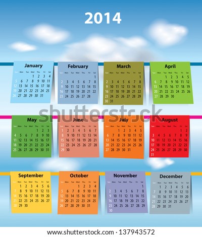 Calendar for 2014 like laundry on the clothesline. Sundays first
