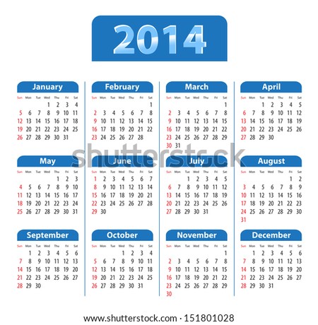 Blue glossy calendar for 2014. Sundays first