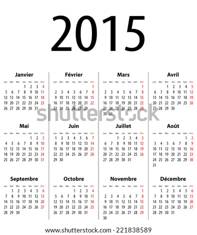 French Calendar grid for 2015. Mondays first
