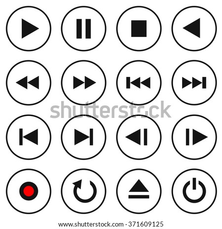 Black and white multimedia control button/icon set. Play, stop, pause, next, previous and other signs in circles. Flat design of button and icons. Vector illustration