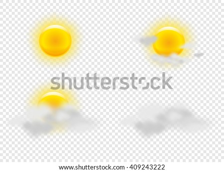 Sun and clouds in weather icons set. Weather signs with transparent grid. Vector Illustration