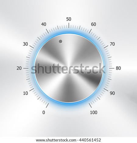 Volume button (music knob) with metal texture (steel, chrome), blue light scale and light background. Volume button from 0 to 100 scale. Vector illustration.