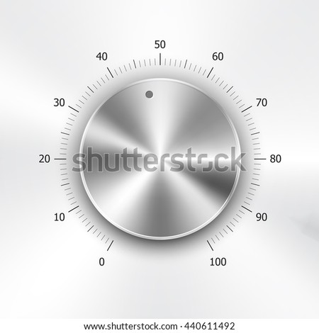 Volume button (music knob) with metal texture (steel, chrome), light scale and light background. Volume button from 0 to 100 scale. Vector illustration.
