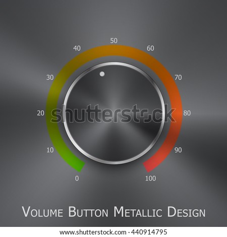 Volume button (music knob) with metal texture (steel, chrome), green to red lights scale and dark background. Volume button from 0 to 100 scale. Vector illustration.