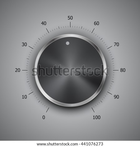 Volume button (music knob) with metal texture (steel, chrome), lights scale and light background. Volume button with scale from 0 to 100. Vector illustration.