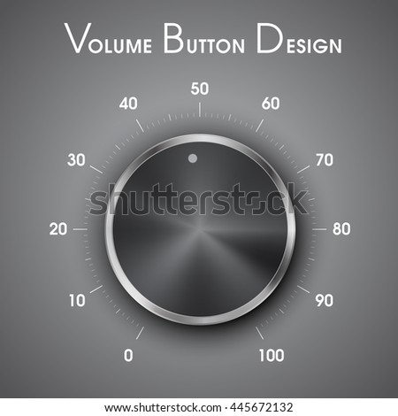 Volume button (music knob) with metal texture (steel, chrome), blue light scale and dark background. Volume button from 0 to 100 scale. Vector illustration.
