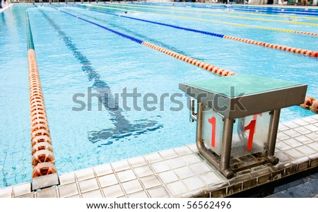 Start position with number 1 in competition swimming pool.