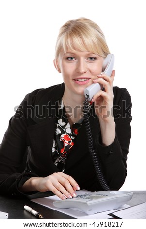 The young business woman calling by phone and showing  emotion