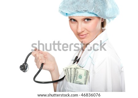 Doctor woman. In the pocket of hundred dollar bills
