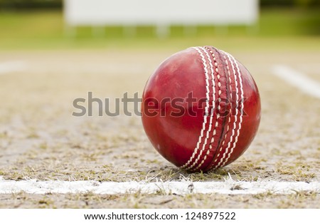 Close up Cricket ball on pitch with copy space