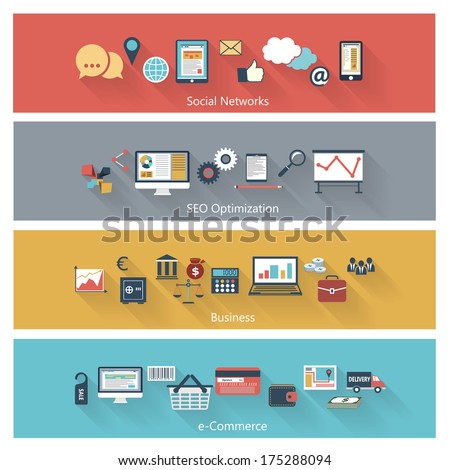 Set of modern concepts in flat design with long shadows and trendy colors for web, mobile applications, seo optimizations, business, social networks, e-commerce etc. Vector eps10 illustration