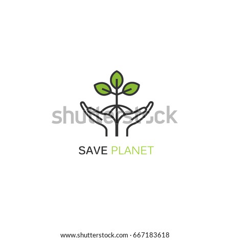 Vector logo design template in linear style - sprout growing from hands. Concept for nature protection, ecology and environmental organizations.