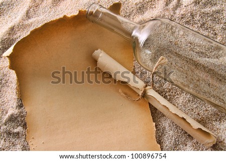 Blank paper messages from a bottle in sand