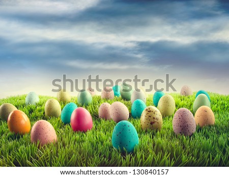 Colorful Easter eggs in grass