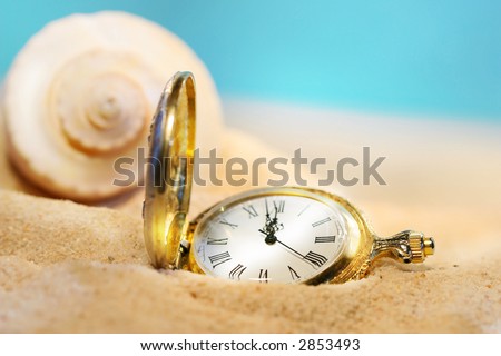Watch lost in the sand with seashell behind