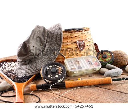 Fly fishing equipment on white background