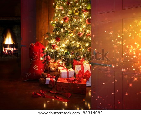 Christmas scene with tree  gifts and fire in background