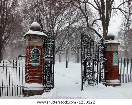 open wrought iron gates,snow,Brown University