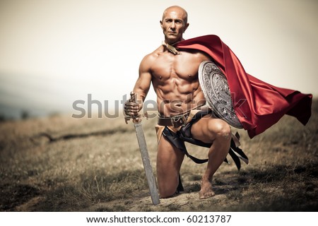 Gladiator, image of a well-built man holding a sword and a shield