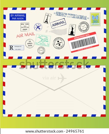 Air mail envelope with postal stamps, stickers and postmarks
