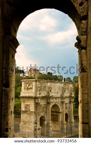 Arch of Constantine, Rome, Italy, ruins, daytime, blue sky, nature, landscape, cityscape, point of view from the Coliseum, arch framing the image,