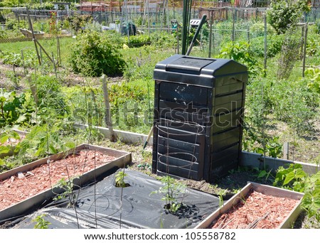 Black plastic compost bin in allotment garden