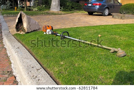 Lawn care equipment and garden sac in residential neighborhood