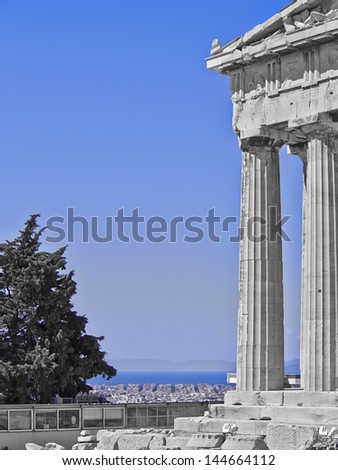 Parthenon, ancient Greek temple, in black, white and blue