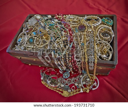 vintage box full of shiny jewelry, strong vignetting filter