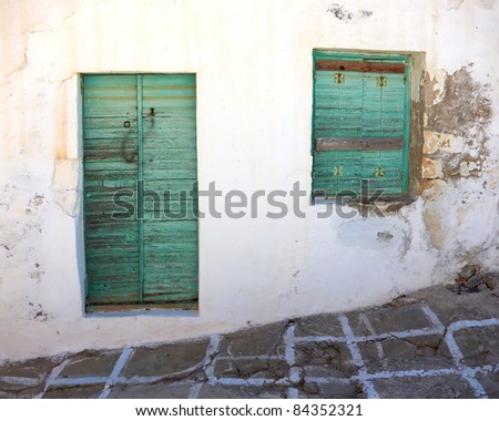 traditional Greek house green door and window