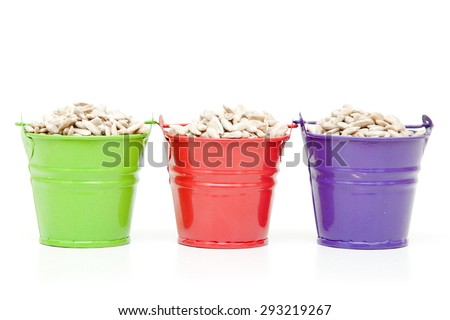 Sunflower seeds in bucket, isolated on white background