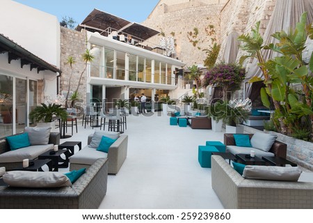 DUBROVNIK, CROATIA - MAY 28, 2014: Terrace of the Restaurant 360 degrees on old wall, the most trendiest lounge bar and restaurant in the old town.