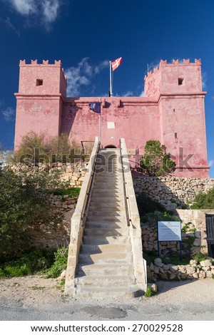 Flag flying above Saint Agatha\'s Tower also known as The Red tower. It was one of the defensive battlements of Malta.