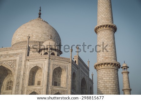 Close up view of Taj Mahal from North-East side. Post-processed with grain, texture and colour effect.