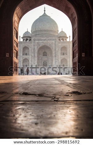 AGRA, INDIA - 28 FEBRUARY 2015: View of Taj Mahal from mosque. West side.