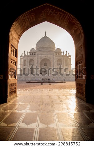 View of Taj Mahal from mosque with sun reflection. West side.