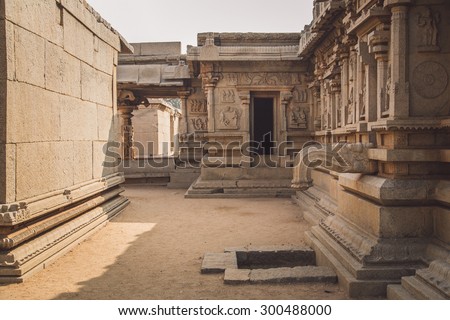 HAMPI, INDIA - 30 JANUARY 2015: Ruins of Hampi are a UNESCO World Heritage Site. Post-processed with grain, texture and colour effect.
