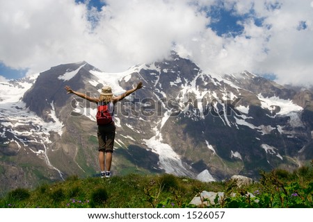 People in Mountains Victory Open Arms, Tourist Hiking Backpacker Climbing Mountain, Tourism Concept