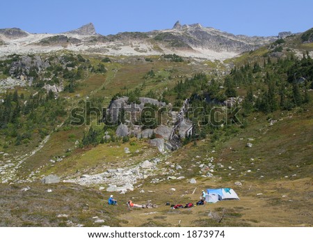 Family backcountry camping below Mount Callaghan. British Columbia. Canada.