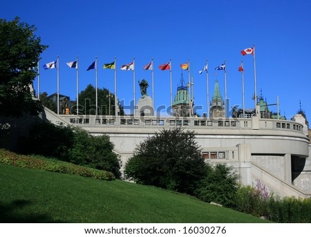 Confederation Square, National War Memorial, and the Parliament buildings in downtown Ottawa, Ontario, Canada.