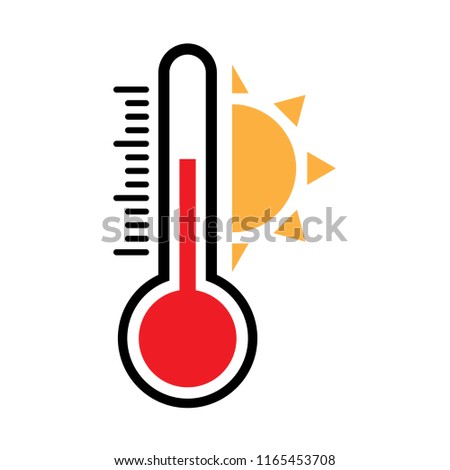 heat temperature icon, thermometer high temperature, vector with temperature half scale with sun for measurement forecast weather   -  illustration symbol measurement hot weather