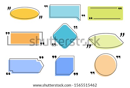 Text frames quotation boxes. Color bubbles window templates for direct speech text notes and quotes. Mention text frames in quotation marks. Set of isolated vector icons for web links.