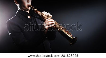 Saxophone jazz music instrument Saxophonist with soprano sax details closeup