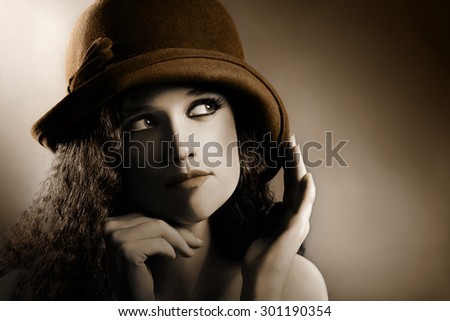 Vintage Portrait of Retro Woman in Hat  Elegant Fashion Model Portrait closeup face