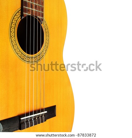 Acoustic guitar isolated white background. Musical instrument string details close-up
