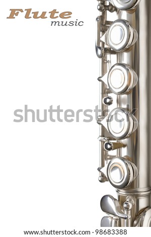 Flute music background. Musical instrument details isolated on white