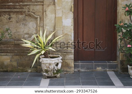 Wooden doors, stone wall and potted plant on the old Asian street, Bali, Indonesia