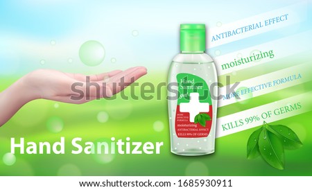 Hand Sanitizer gel ads. Antibacterial effect, antiseptic hand gel in bottles with leaves elements. Horizontal banner Best protection. Vector illustration.