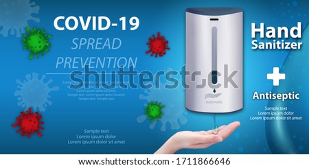 Wall automatic sanitizer dispenser for hand. Covid-19 spread prevention. Soap or antiseptic dispenser ads. Best protection against viruses, such as coronavirus. Horizontal banner. Vector